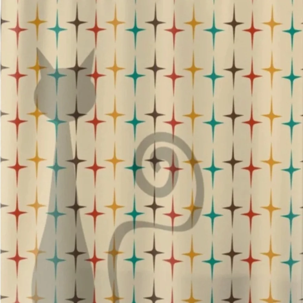 Mid Century Modern Shower Curtain with cat. Palm Springs vibes - Picture 2 of 2